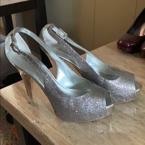 Guess Silver Glitter Open Toe Heels!